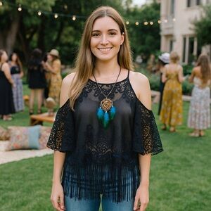 NWT M Easel Black Lace Top Tassel Fringe Boho Festival Feathers Dreamcatcher